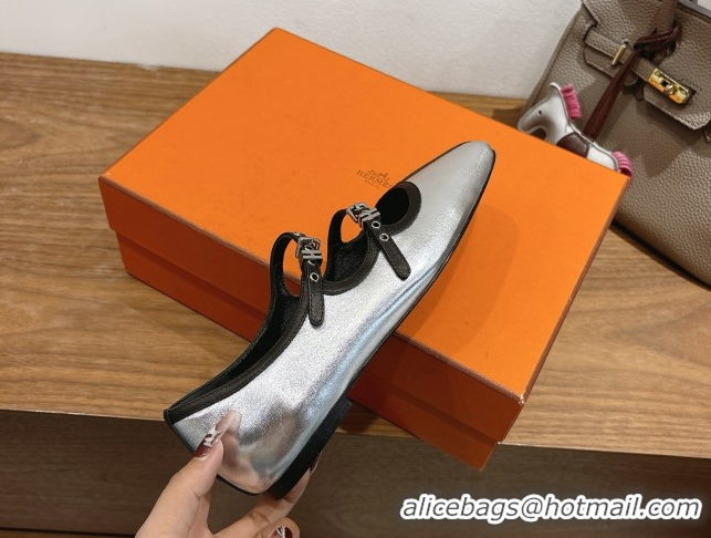 Best Product Hermes Lilia Ballet Flats in Calfskin with H Buckle Silver 0820122
