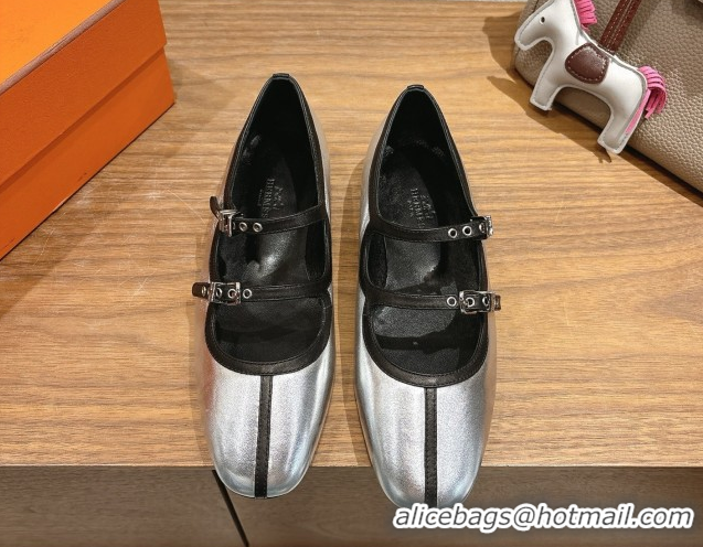 Best Product Hermes Lilia Ballet Flats in Calfskin with H Buckle Silver 0820122