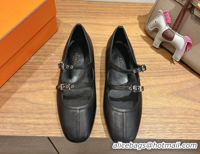 Comfortable Hermes Lilia Ballet Flats in Calfskin with H Buckle Black 0820123
