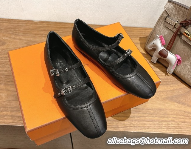 Comfortable Hermes Lilia Ballet Flats in Calfskin with H Buckle Black 0820123