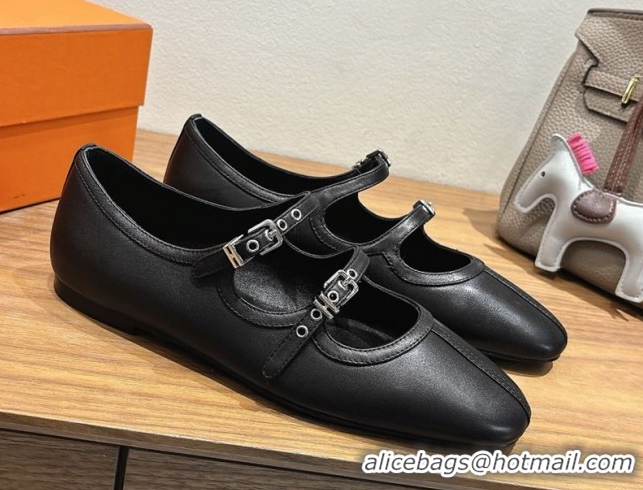 Comfortable Hermes Lilia Ballet Flats in Calfskin with H Buckle Black 0820123