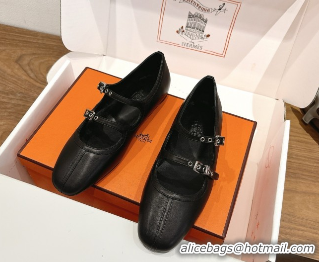Comfortable Hermes Lilia Ballet Flats in Calfskin with H Buckle Black 0820123