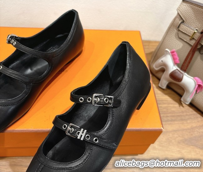 Comfortable Hermes Lilia Ballet Flats in Calfskin with H Buckle Black 0820123