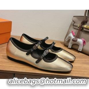 Luxurious Hermes Lilia Ballet Flats in Calfskin with H Buckle Gold 0820124