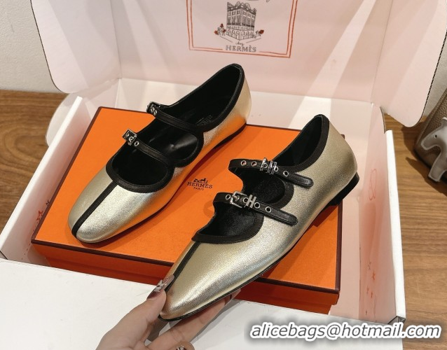 Luxurious Hermes Lilia Ballet Flats in Calfskin with H Buckle Gold 0820124