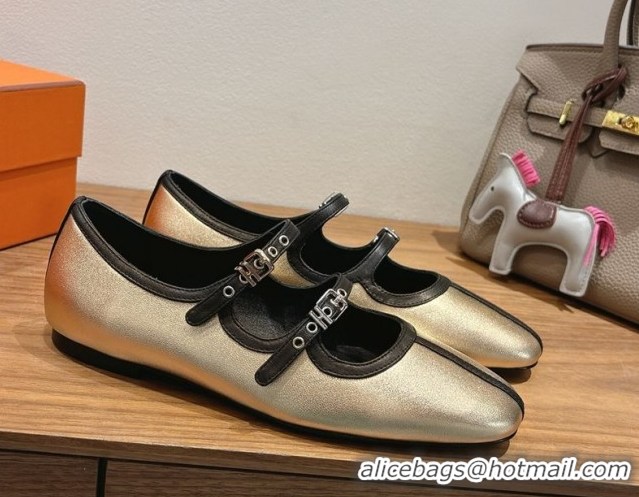 Luxurious Hermes Lilia Ballet Flats in Calfskin with H Buckle Gold 0820124