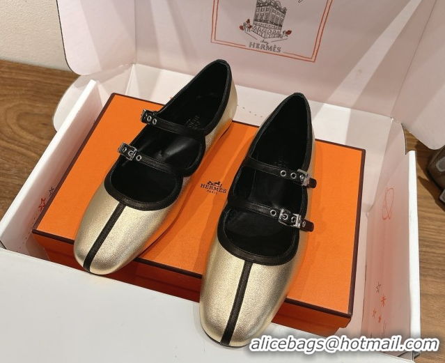 Luxurious Hermes Lilia Ballet Flats in Calfskin with H Buckle Gold 0820124