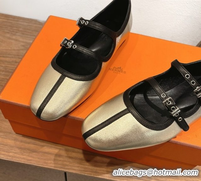 Luxurious Hermes Lilia Ballet Flats in Calfskin with H Buckle Gold 0820124