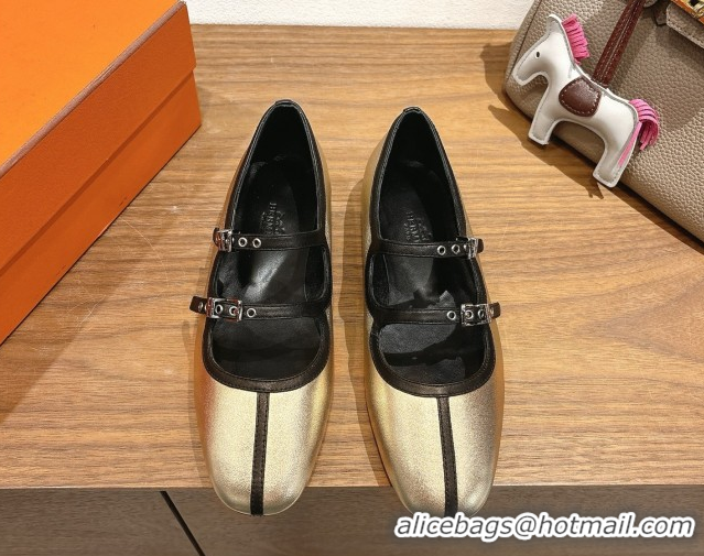 Luxurious Hermes Lilia Ballet Flats in Calfskin with H Buckle Gold 0820124