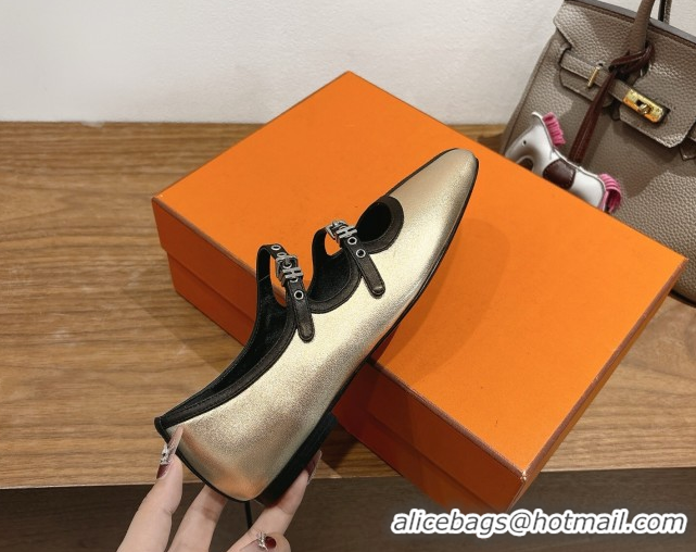 Luxurious Hermes Lilia Ballet Flats in Calfskin with H Buckle Gold 0820124