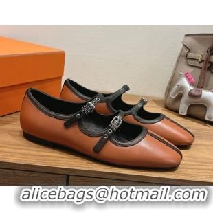 Top Grade Hermes Lilia Ballet Flats in Calfskin with H Buckle Brown 0820125