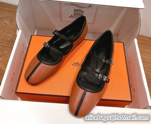 Top Grade Hermes Lilia Ballet Flats in Calfskin with H Buckle Brown 0820125