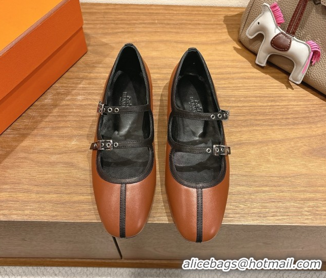 Top Grade Hermes Lilia Ballet Flats in Calfskin with H Buckle Brown 0820125