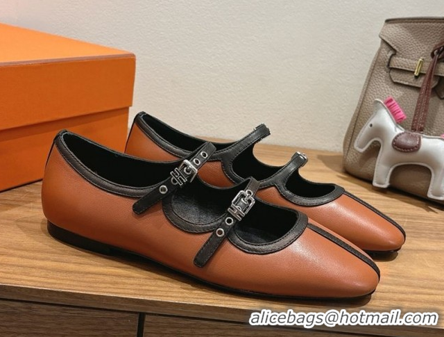 Top Grade Hermes Lilia Ballet Flats in Calfskin with H Buckle Brown 0820125