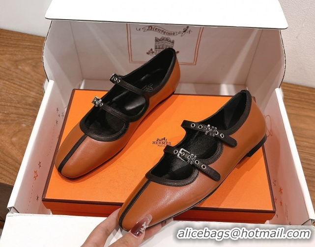 Top Grade Hermes Lilia Ballet Flats in Calfskin with H Buckle Brown 0820125