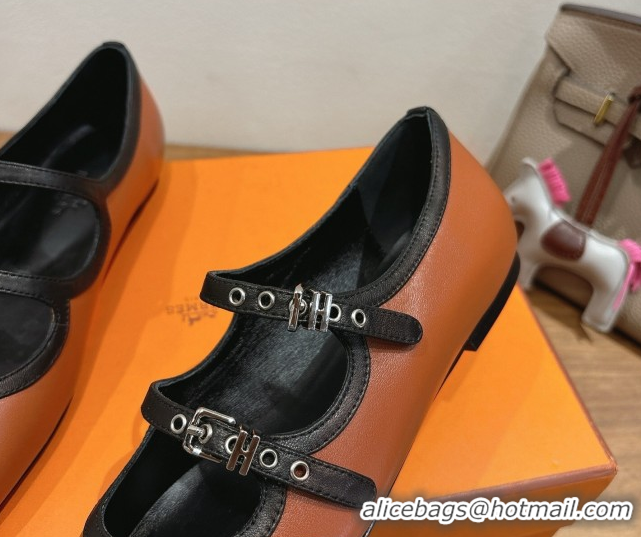 Top Grade Hermes Lilia Ballet Flats in Calfskin with H Buckle Brown 0820125