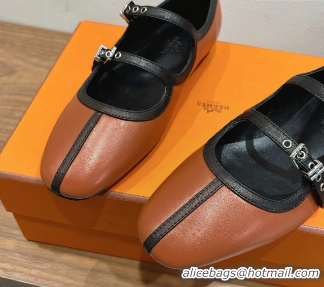 Top Grade Hermes Lilia Ballet Flats in Calfskin with H Buckle Brown 0820125