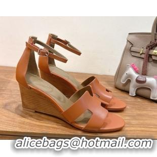 Unique Style Hermes Legend Wedge Sandals 7cm in Calfskin Leather Brown 0820126