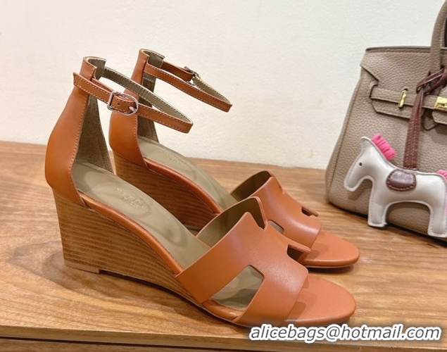 Unique Style Hermes Legend Wedge Sandals 7cm in Calfskin Leather Brown 0820126