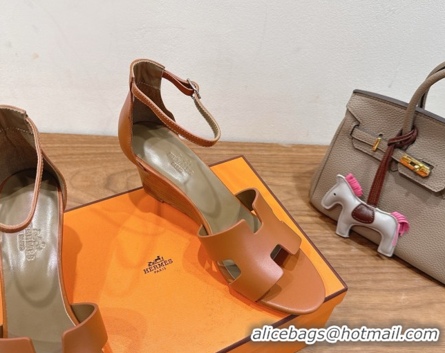 Unique Style Hermes Legend Wedge Sandals 7cm in Calfskin Leather Brown 0820126