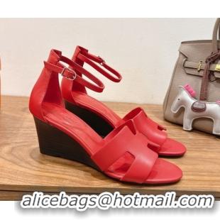 Most Popular Hermes Legend Wedge Sandals 7cm in Calfskin Leather Red 0820127
