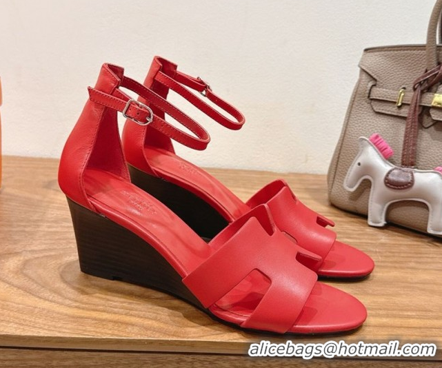 Most Popular Hermes Legend Wedge Sandals 7cm in Calfskin Leather Red 0820127