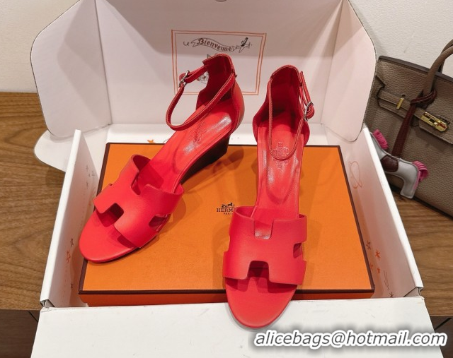 Most Popular Hermes Legend Wedge Sandals 7cm in Calfskin Leather Red 0820127
