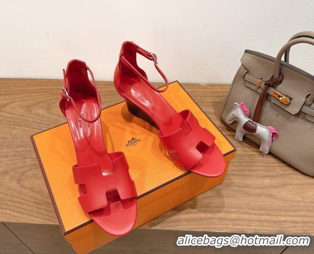 Most Popular Hermes Legend Wedge Sandals 7cm in Calfskin Leather Red 0820127