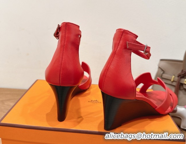 Most Popular Hermes Legend Wedge Sandals 7cm in Calfskin Leather Red 0820127
