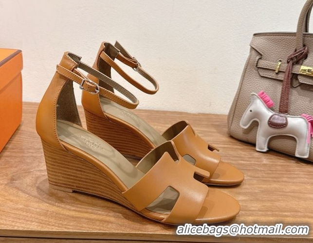 Popular Style Hermes Legend Wedge Sandals 7cm in Calfskin Leather Brown 0820128