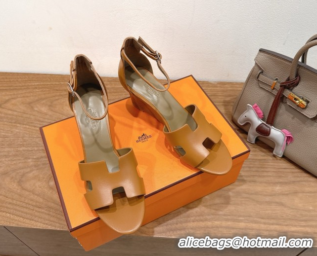 Popular Style Hermes Legend Wedge Sandals 7cm in Calfskin Leather Brown 0820128