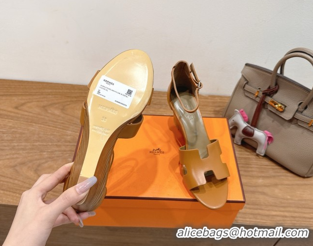 Popular Style Hermes Legend Wedge Sandals 7cm in Calfskin Leather Brown 0820128