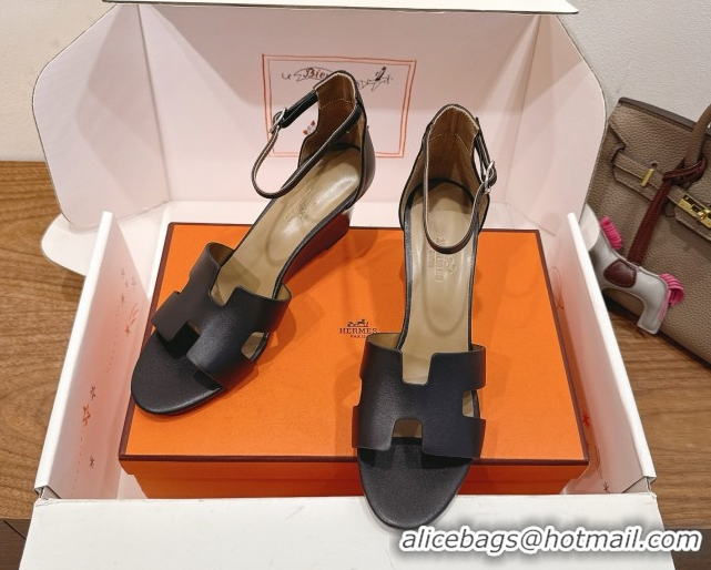 Most Popular Hermes Legend Wedge Sandals 7cm in Calfskin Leather Black 0820129