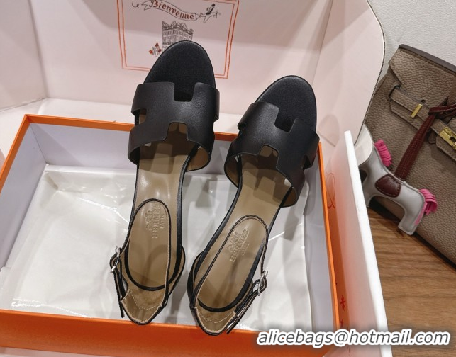 Most Popular Hermes Legend Wedge Sandals 7cm in Calfskin Leather Black 0820129