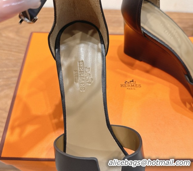Most Popular Hermes Legend Wedge Sandals 7cm in Calfskin Leather Black 0820129