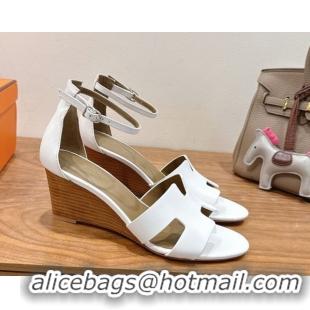 Charming Hermes Legend Wedge Sandals 7cm in Calfskin Leather White 0820130