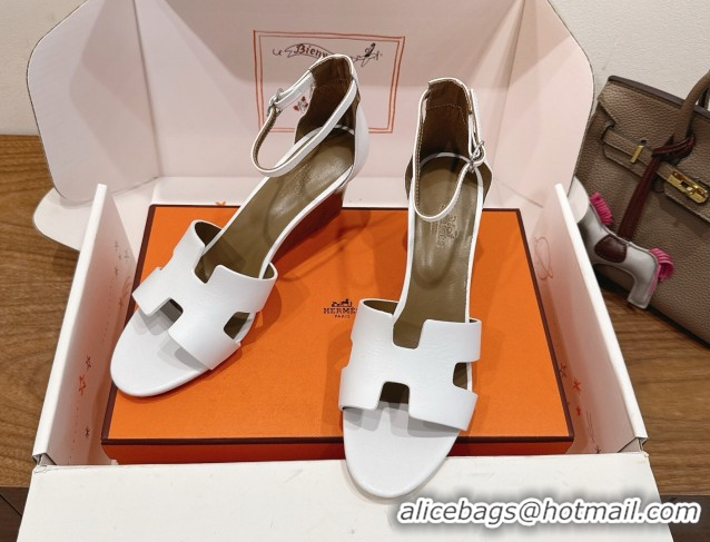 Charming Hermes Legend Wedge Sandals 7cm in Calfskin Leather White 0820130