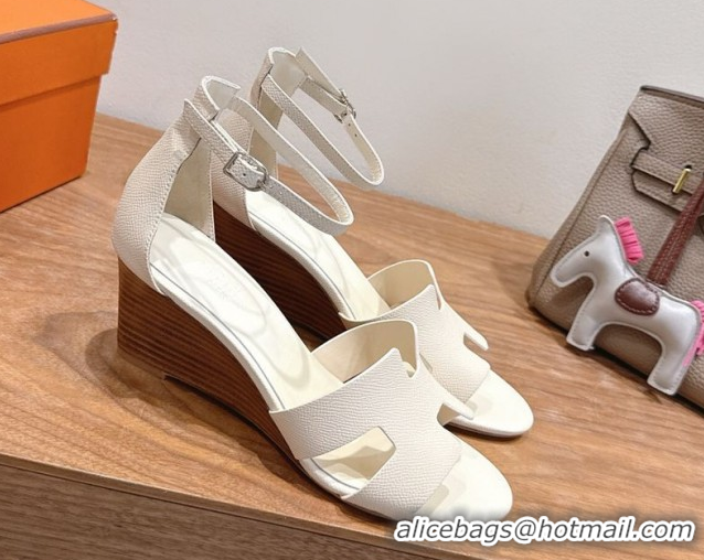 Best Price Hermes Legend Wedge Sandals 7cm in Grained Calfskin Ivory 0820132