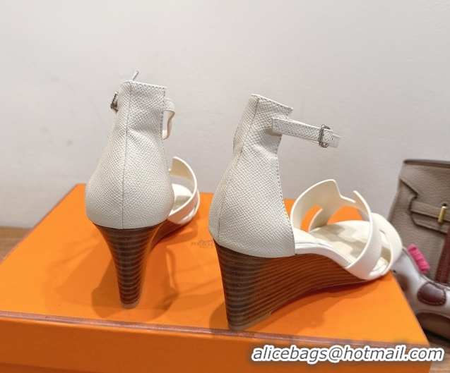 Best Price Hermes Legend Wedge Sandals 7cm in Grained Calfskin Ivory 0820132