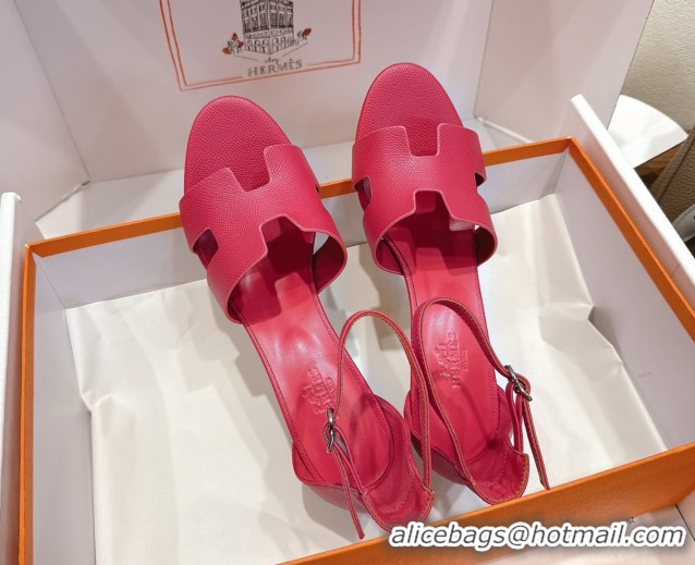 Good Quality Hermes Legend Wedge Sandals 7cm in Grained Calfskin Dark Pink 0820133