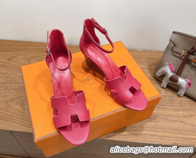 Good Quality Hermes Legend Wedge Sandals 7cm in Grained Calfskin Dark Pink 0820133