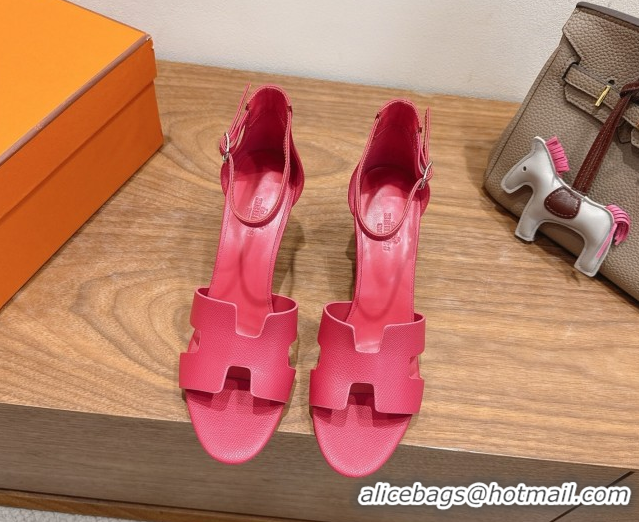Good Quality Hermes Legend Wedge Sandals 7cm in Grained Calfskin Dark Pink 0820133