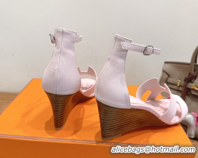 Best Quality Hermes Legend Wedge Sandals 7cm in Grained Calfskin Light Pink 50820134