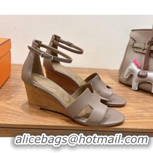 Super Quality Hermes Legend Wedge Sandals 7cm in Grained Calfskin Grey 0820135