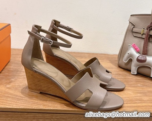 Super Quality Hermes Legend Wedge Sandals 7cm in Grained Calfskin Grey 0820135