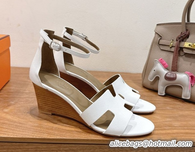 Top Quality Hermes Legend Wedge Sandals 7cm in Grained Calfskin White 0820136