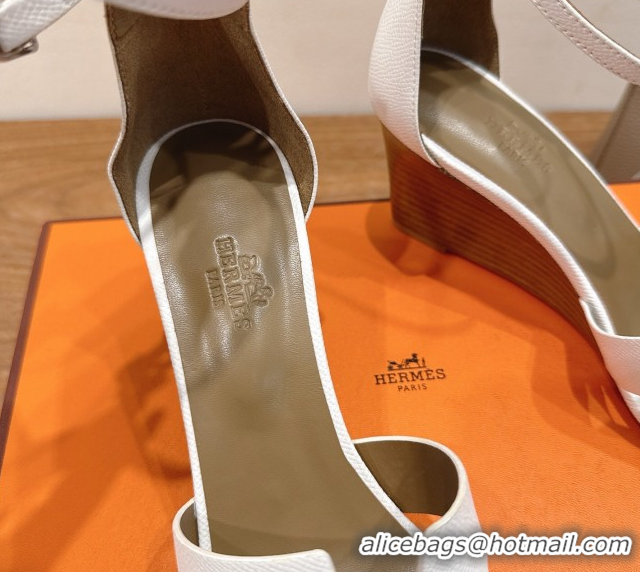 Top Quality Hermes Legend Wedge Sandals 7cm in Grained Calfskin White 0820136