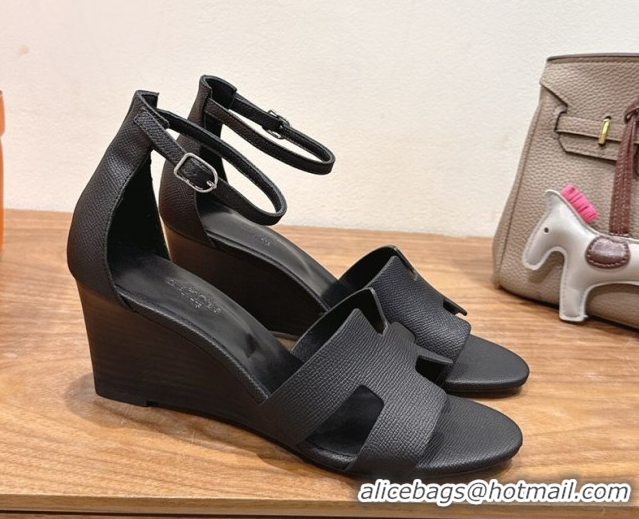 New Design Hermes Legend Wedge Sandals 7cm in Grained Calfskin Black 0820137