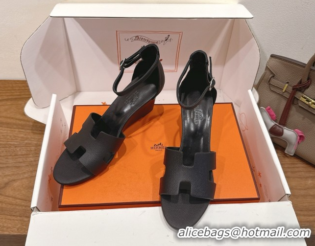 New Design Hermes Legend Wedge Sandals 7cm in Grained Calfskin Black 0820137