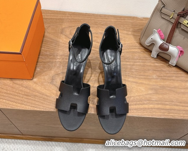New Design Hermes Legend Wedge Sandals 7cm in Grained Calfskin Black 0820137